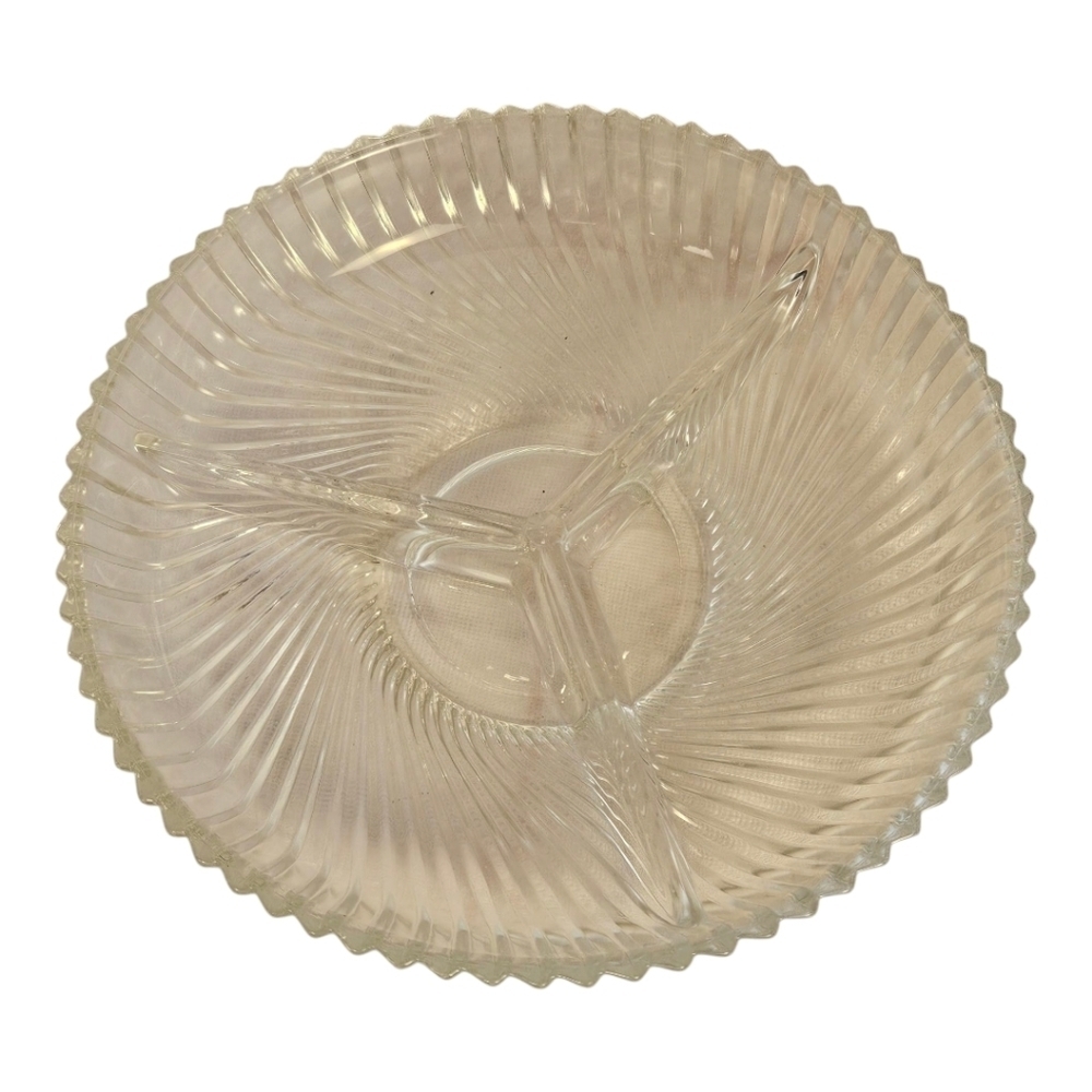 Vtg Veropa France MCM 7" Round Spiral Glass Divided Dish 3 Sections​​​​